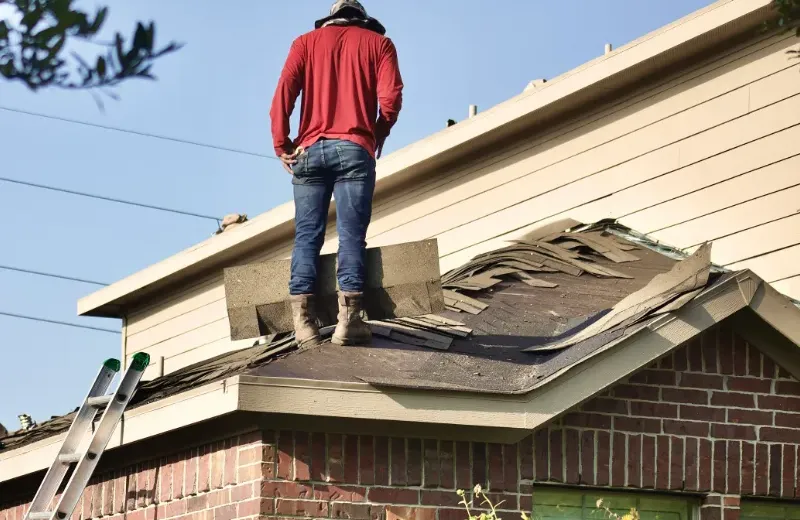 Roofer is removing dammaged shingles before replacing them with new roofing.