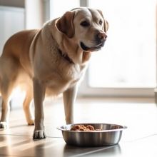 Golden retrivr standing on kitchen tile
